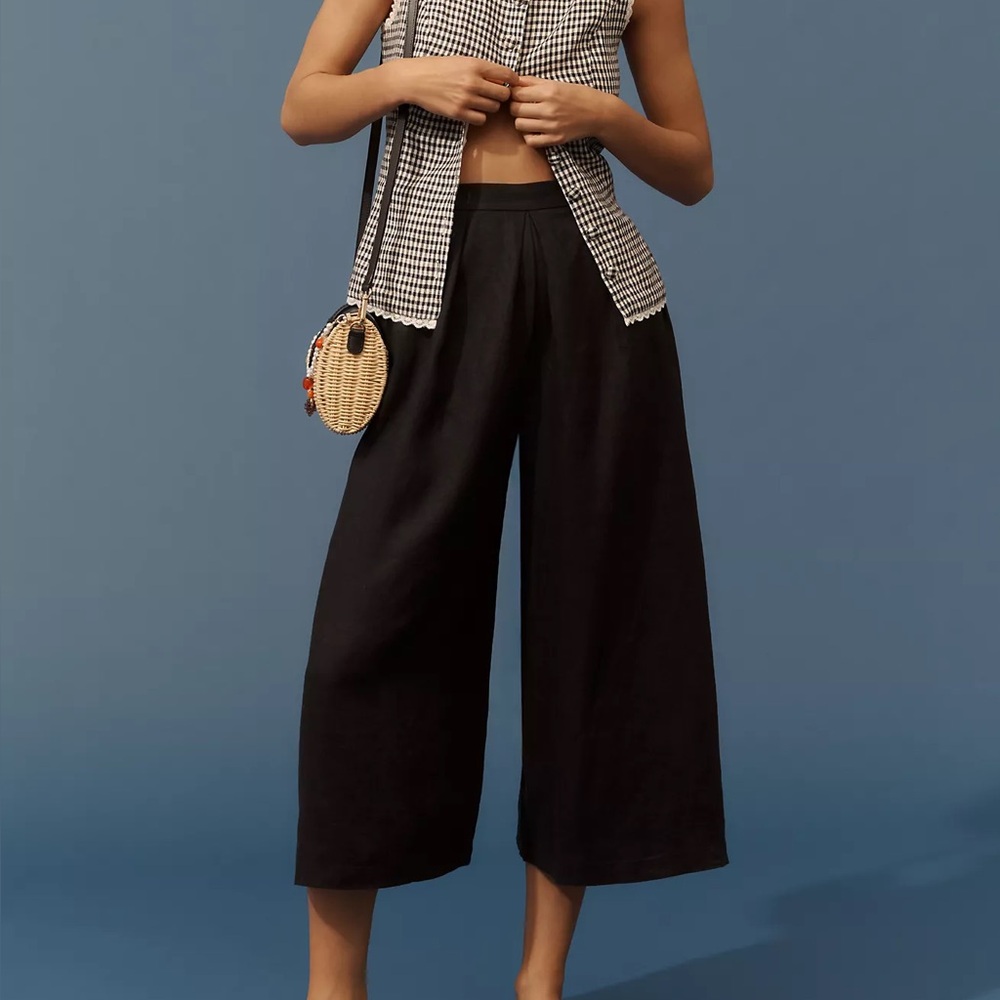 Anthropologie Linen Pleated Culotte Trousers Black NWT MSRP $138‎ Various Sizes